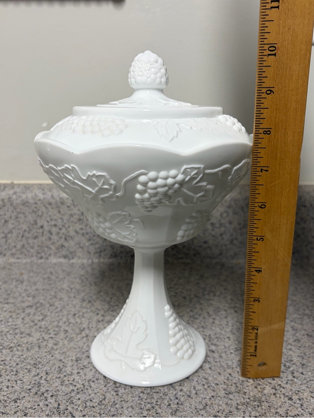 White Milk Glass Compote with Grape Leaf Motif - Picture 9 of 10